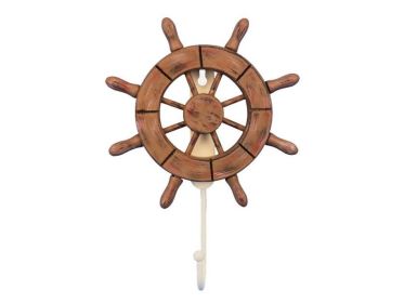 Rustic Wood Finish Decorative Ship Wheel with Hook 8"