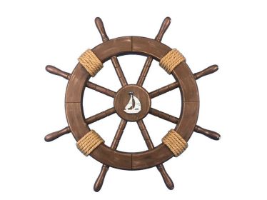 Rustic Wood Finish Decorative Ship Wheel with Sailboat 18""