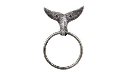 Rustic Silver Cast Iron Whale Tail Towel Holder 7.5"