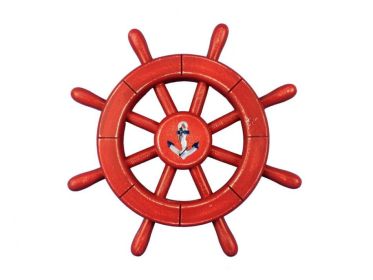Rustic All Red Decorative Ship Wheel With Anchor 12""