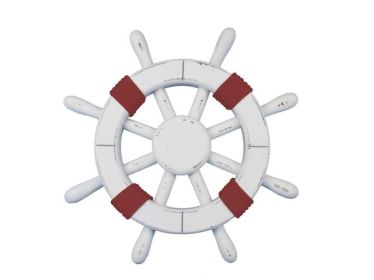 Rustic White Decorative Ship Wheel with Red Rope 12"