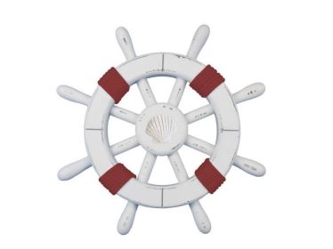 Rustic White Decorative Ship Wheel with Red Rope and Seashell 12"