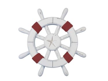 Rustic White Decorative Ship Wheel with Red Rope and starfish 12"