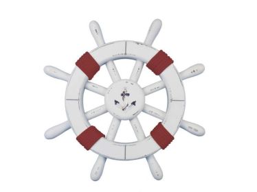 Rustic White Decorative Ship Wheel with Red Rope and anchor 12"