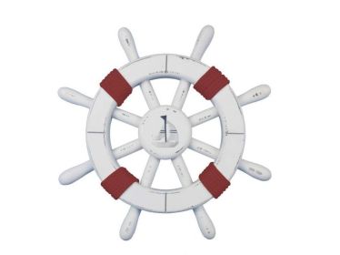 Rustic White Decorative Ship Wheel with Red Rope and sailboat 12"