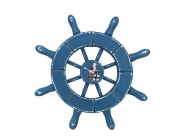 Rustic Light Blue Decorative Ship Wheel With Seagull 6"