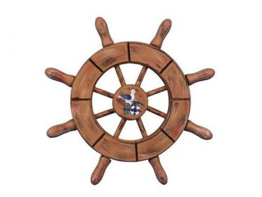Rustic Wood Finish Decorative Ship Wheel With Seagull 6"