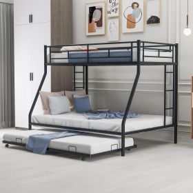 Twin over Full Bed with Sturdy Steel Frame, Bunk Bed with Twin Size Trundle, Two-Side Ladders (Color: black)