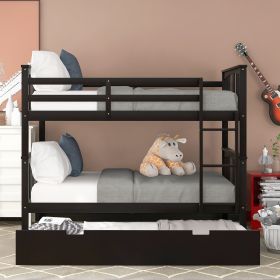 Full over Full Bunk Bed with Twin Size Trundle and Ladder (Color: espresso)