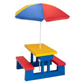 Kid Outdoor Picnic Table Set with Removable and Foldable Umbrella, Junior Activity Play Table with Bench, Multicolor (Color: red&yellow&blue)