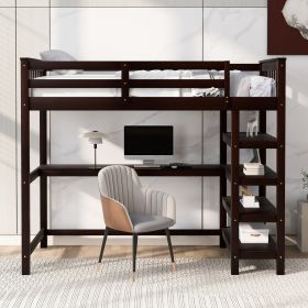 Twin Size Loft Bed with Storage Shelves and Under-bed Desk (Color: espresso)