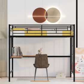 Twin Metal Loft Bed with Desk and Metal Grid (Color: black)