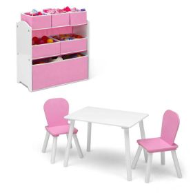 4 Piece Playroom Set - Includes Game Table with Dry Erase Surface and 6 Box Toy Storage Box with Reusable Vinyl Stickers (Color: Pink/White, Material: MDF)