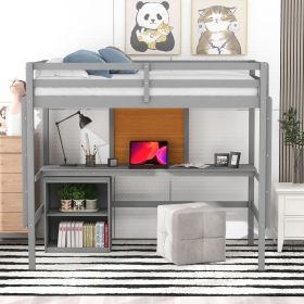 Twin size Loft Bed with Desk and Writing Board, Wooden Loft Bed with Desk & 2 Drawers Cabinet (Color: Gray)