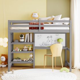 Twin Size Wooden Loft Bed with Shelves, Desk and Writing Board (Color: Gray)