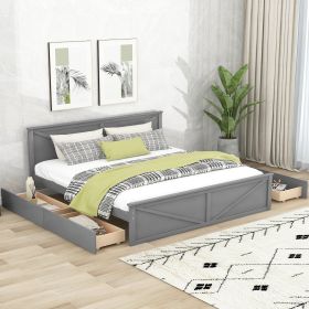 King Size Wooden Platform Bed with Four Storage Drawers and Support Legs (Color: Gray)