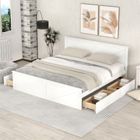 King Size Wooden Platform Bed with Four Storage Drawers and Support Legs (Color: White)