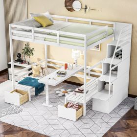 Full over Full Size Bunk Bed with staircase; the Down Bed can be Convertible to Seats and Table Set (Color: White)