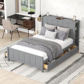 Full Size Platform Bed with Drawers and Storage Shelves (Color: Gray)