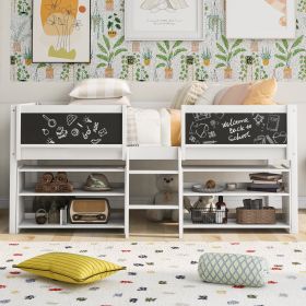 Twin Size Low Loft Bed with Two Movable Shelves and Ladder; with Decorative Guardrail Chalkboard (Color: White)