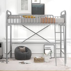 Twin Size Metal Loft Bed;  No Box Spring Needed (Color: Silver)