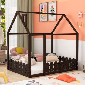 (Slats are not included) Full Size Wood Bed House Bed Frame with Fence;  for Kids;  Teens;  Girls;  Boys (Color: espresso)