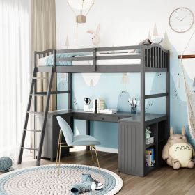 Twin size Loft Bed with Drawers;  Cabinet;  Shelves and Desk;  Wooden Loft Bed with Desk (Color: Gray)