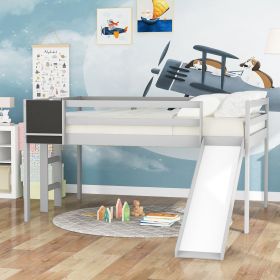 Full size Loft Bed Wood Bed with Slide;  Stair and Chalkboard (Color: Gray)