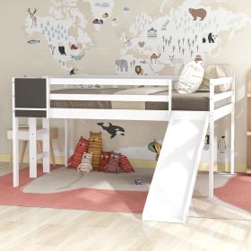 Full size Loft Bed Wood Bed with Slide;  Stair and Chalkboard (Color: White)