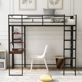 Twin Metal Loft Bed with 2 Shelves and one Desk (Color: black)