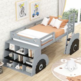 Twin Size Forklift Car-Shaped Loft Bed with Storage Shelves (Color: Gray)