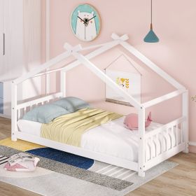 Twin Size House Bed Wood Bed (Color: White)