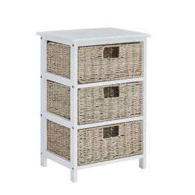 White Nightstand with 3 Drawers, Bedside Tables for Hallway, Accent End Table Bedroom, Dresser Storage Tower with Wood Top, Organizer Unit for Closets (Material: Seaweed)