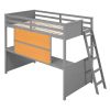 Twin size Loft Bed with Desk and Writing Board, Wooden Loft Bed with Desk