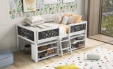 Twin Size Low Loft Bed with Two Movable Shelves and Ladder; with Decorative Guardrail Chalkboard