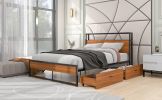 Full Size Metal Platform Bed Frame with  Two Drawers; Sockets and USB Ports ; Slat Support No Box Spring Needed