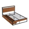 Full Size Metal Platform Bed Frame with  Two Drawers; Sockets and USB Ports ; Slat Support No Box Spring Needed