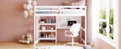 Full Size Wooden Loft Bed with Shelves, Desk and Writing Board