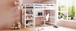 Full Size Wooden Loft Bed with Shelves, Desk and Writing Board