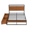 Full Size Metal Platform Bed Frame with  Two Drawers; Sockets and USB Ports ; Slat Support No Box Spring Needed